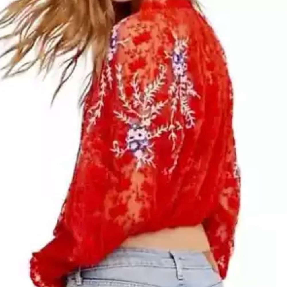 Free People Top Jubilee Floral Embroidered Blouse NWT Red - Picture 8 of 10